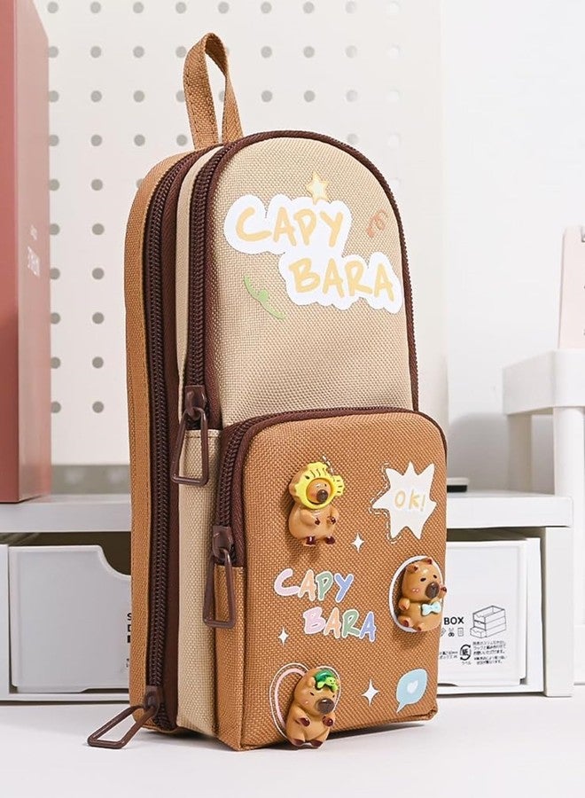 Parshya Canvas Kawaii Pencil Case 3 Compartment Cute Pencil Case for Girls Large Capacity Pen Pencil Pouch Smooth Zipper Multifunctional Stationery Organizer for School Office (HT Brown Bara) - Image 2
